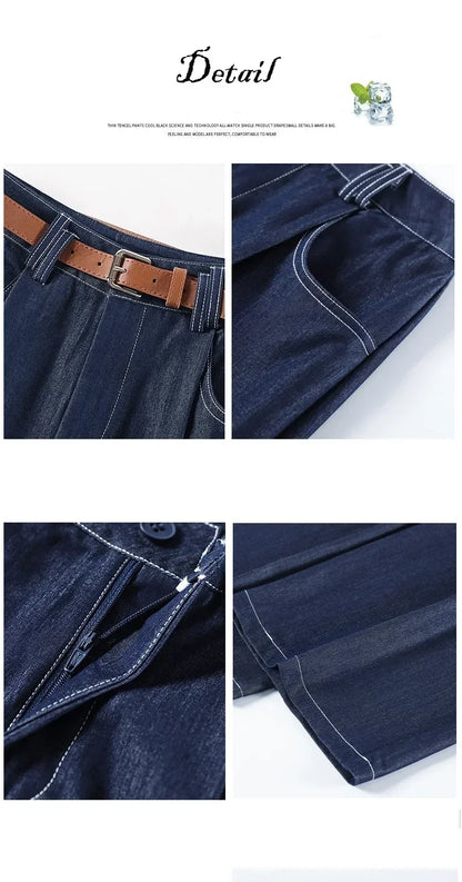 Women's Casual Basic Style Tencel Soft Ice Silk High Waisted Straight Jeans Female Commute Wide-Leg Light Blue Jeans