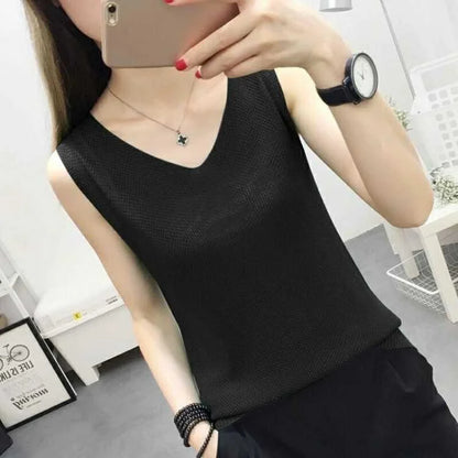 Top women Summer V Neck Hollow Knitted Vest Sleeveless Casual Tank Blusas Tops Sheer Mesh Patchwork T Shirt Bottom Camisole 2019