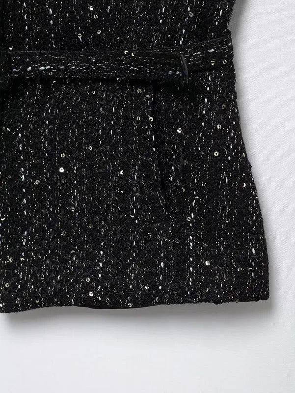 Women's Tweed Waistcoat With Belt, O Neck, Sleeveless, Front Button, Female Outerwear, Chic Tops, Fashion