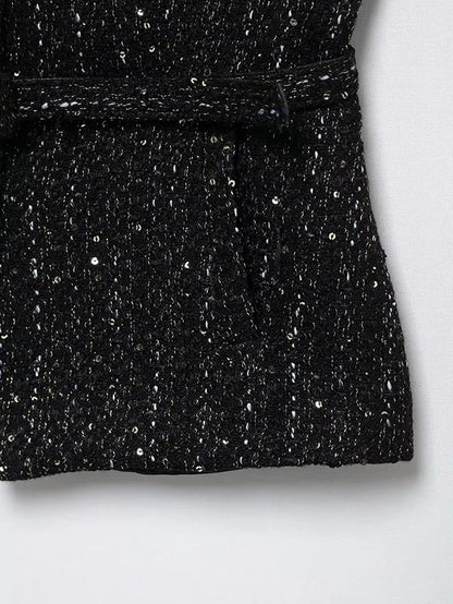 Women's Tweed Waistcoat With Belt, O Neck, Sleeveless, Front Button, Female Outerwear, Chic Tops, Fashion