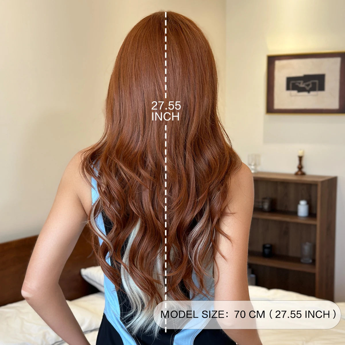 7JHHWIGS Long Body Wave Copper Highlight Beige Wig for Women High Density Synthetic Layered Modest Fashion Wigs with Neat Bangs