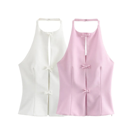 Bow Backless Vest Women Summer Sleeveless Halter Hollow Top Elegant Slim Skirt New Y2k Female Tanks Short Top Office
