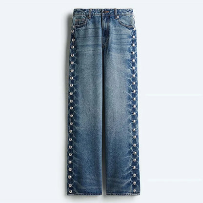 Women's Fashion Punk Washing Denim Pant Vintage Metal Straight Wide Leg Long Jeans 2025 New Lady Y2k Fashion Denim Trousers