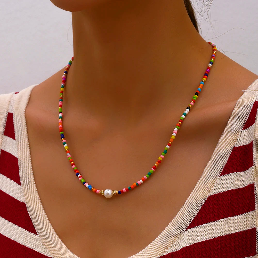 Bohemian Handmade Colorful Beads Chain Fashion Necklaces Tassels Pearl Pendant Jewelry For Women Accessories N0368