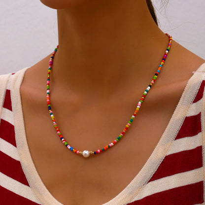 Bohemian Handmade Colorful Beads Chain Fashion Necklaces Tassels Pearl Pendant Jewelry For Women Accessories N0368