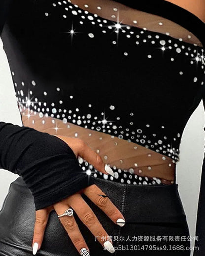 Tops Women Sexy Top Hot Drilling Skew Collar Sheath One Shoulder Y2k Sleeve Slim Fit Y2k Streetwear Elegant Tees T-Shirts