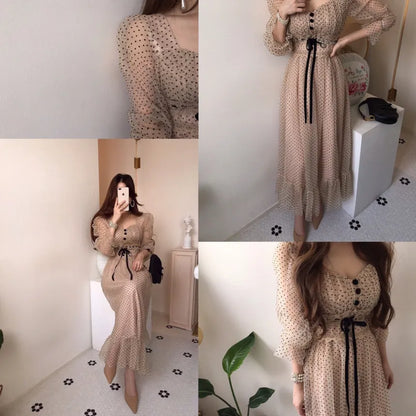 Women Clothing Vestidos Vintage Dress Elegant Square Neck High Waisted Lace Organza Polka Dot Dresses Chic Summer 2025 Slim