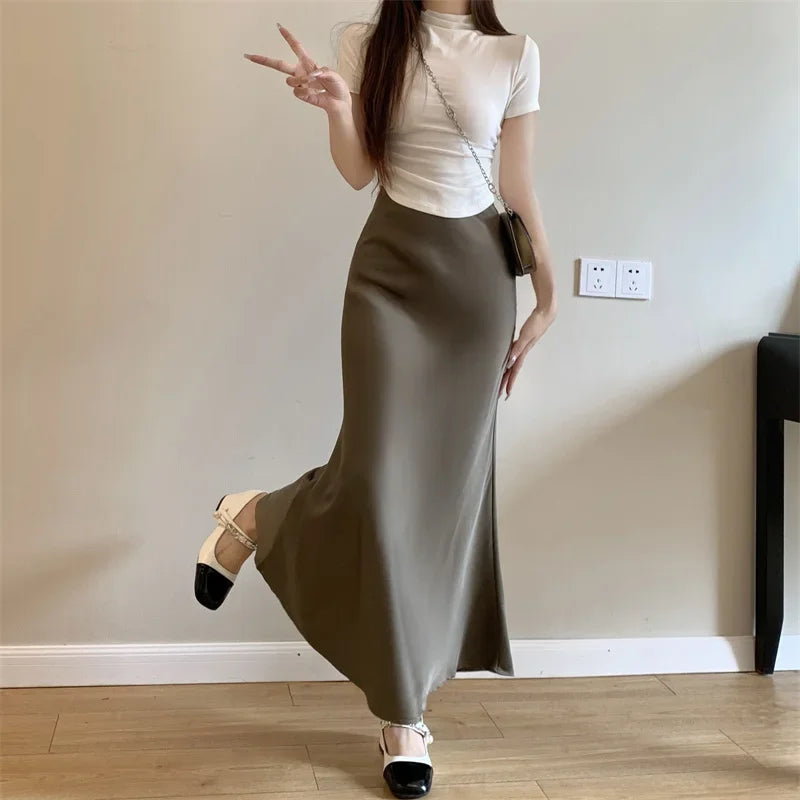 Satin Skirts for Women Korean Reviews Many Girls Clothes Women's 2025 Summer NEW High Waisted Mid Long Skirts Fashion women skir