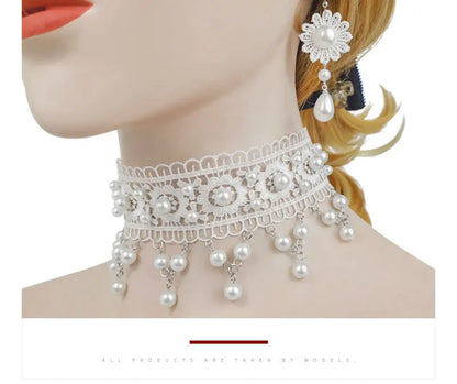 White Necklace Pearl Lace Women Fashion Necklace Earrings lolita Accessories