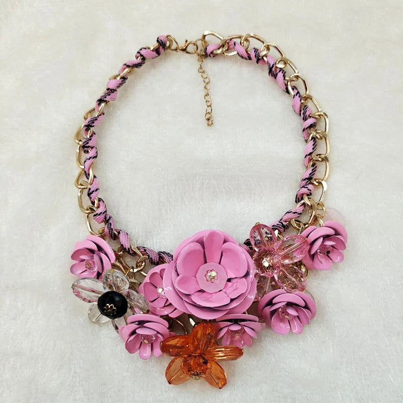 Womens Necklace Colorful Flowers Woven Short Collarbone Chain