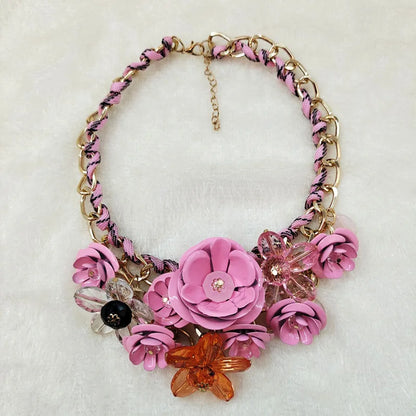 Womens Necklace Colorful Flowers Woven Short Collarbone Chain