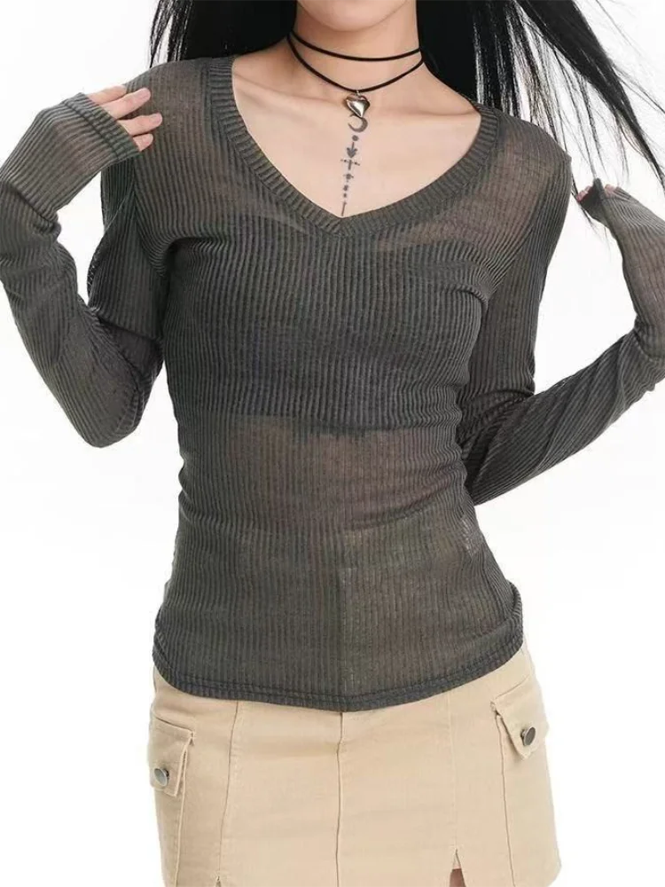 Summer Tops for Woman Elastic Basic T-shirts Female Casual Tops Long Sleeve Sexy Thin T-shirt See Through Y2k Clothing