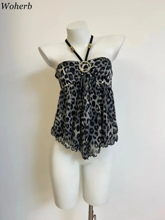 Women Clothing Summer Crop Tops 2025 Ropa Mujer Halter Backless TLoose Vest Sweet Korean Camis Korean Leopard Print Sexy Tanks