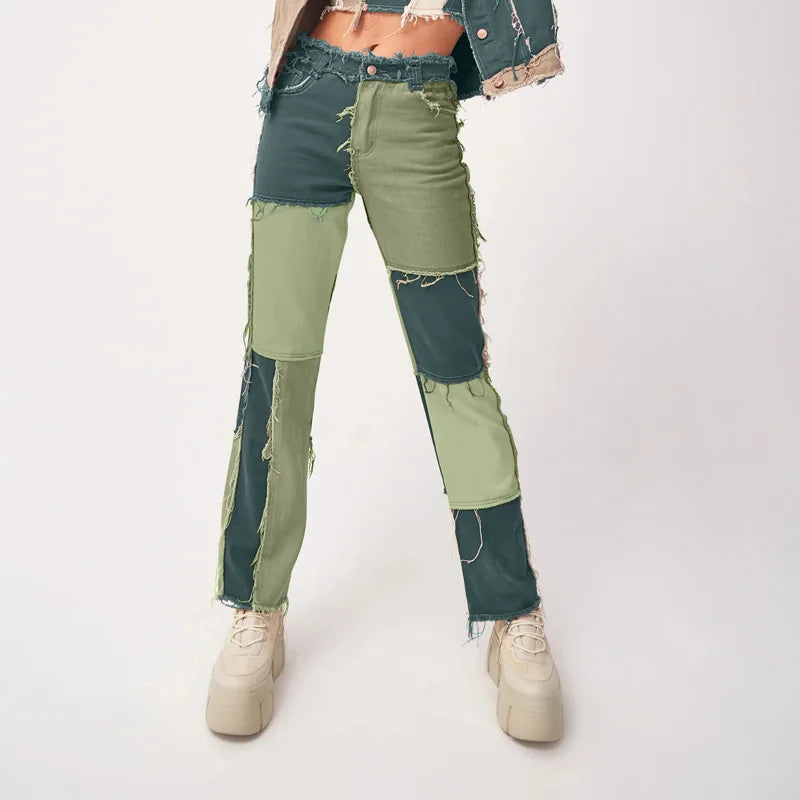 2025 Hot Sale Mixed Color Patchwork Jeans For Women Fashion High Stretch Denim Straight Pants Street Hipster Trousers XS-2XL