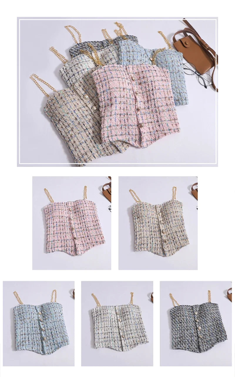 Women Summer Tweed Chain Chic Tank Tops Buttons Off Shoulder with Bra Pad Crop Tops Pleated Sexy Backless Sleeveless Sweet Camis