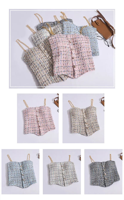 Women Summer Tweed Chain Chic Tank Tops Buttons Off Shoulder with Bra Pad Crop Tops Pleated Sexy Backless Sleeveless Sweet Camis