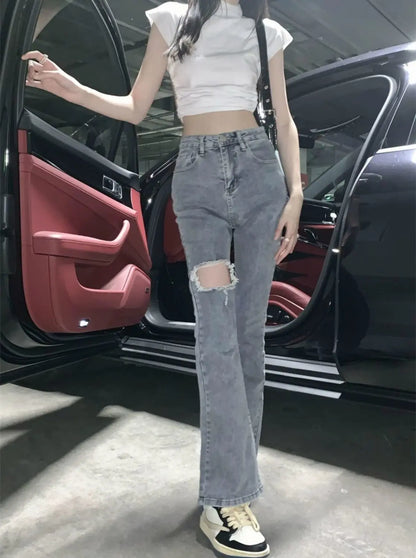 Denim Pants for Women Blue Womens Ripped Jeans Slim Fit Straight Leg Bell Bottom Trousers Original Emo Wholesale Stylish Wide A