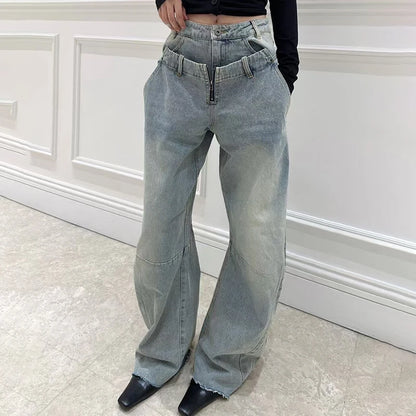 Women's Jeans, Double Waistband Washed Scimitar Work Pants, High Quality Cotton Wide Leg Pants, 2025, Spring, New, y2k