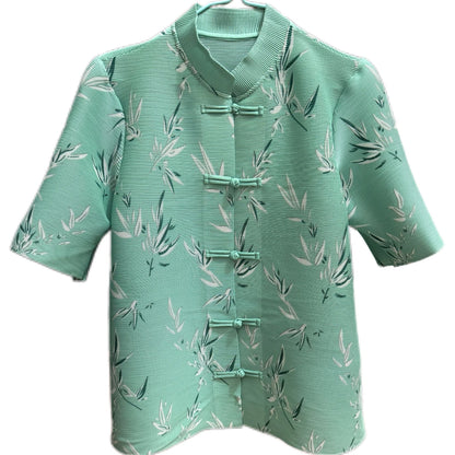 Pleated Tops for Women Summer Printed Shirts Loose Mom Wear Commuter Printed Short Sleeves Women Clothes