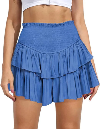 Women's High Waist Ruffle Pleated Mini Skirts Solid Lined Layered Flared Flowy Casual Swing Summer Boho Beach Mini Short Skirt