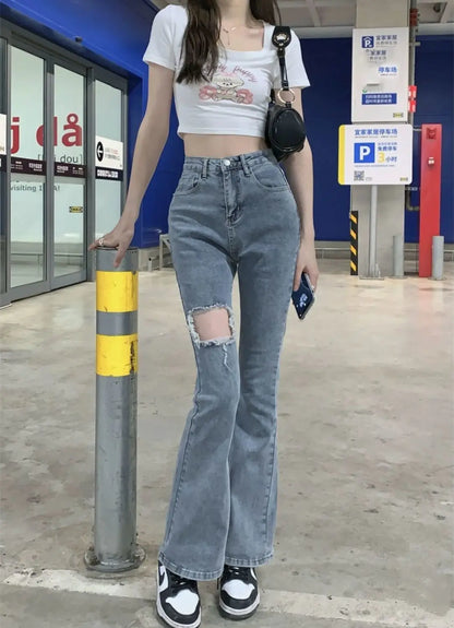 Denim Pants for Women Blue Womens Ripped Jeans Slim Fit Straight Leg Bell Bottom Trousers Original Emo Wholesale Stylish Wide A