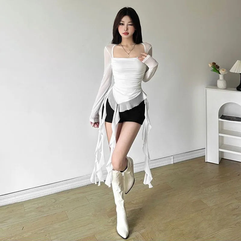 Sexy Women's Tops Fashion White Black Irregular Ribbon T-shirts for Women Long Sleeve Ruffles Slim Punk Tops Female Clothing Y2k