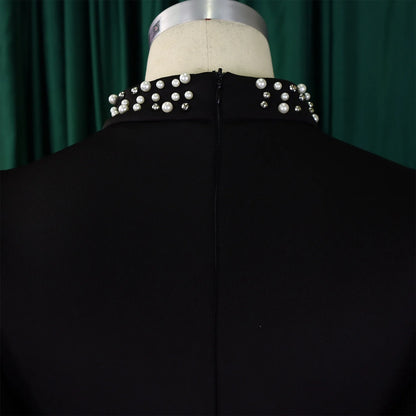 Elegant Dresses for Women O Neck Ruffles Sleeve Beaded Sheath Package Hips Mid Calf Luxury Birthday Party Dinner Vestidos Mujer