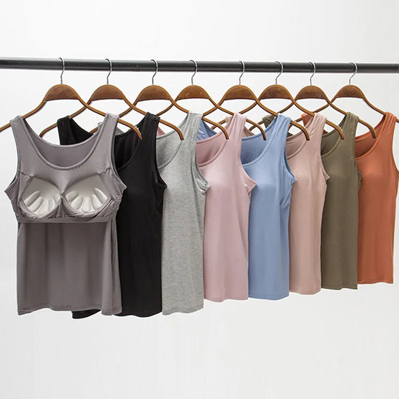 2025 Women's Vest Tops With Built In Bra Neck Vest Padded Slim Fit Tank Tops Sexy Shirts Feminino Casual Underlay shirt slimming