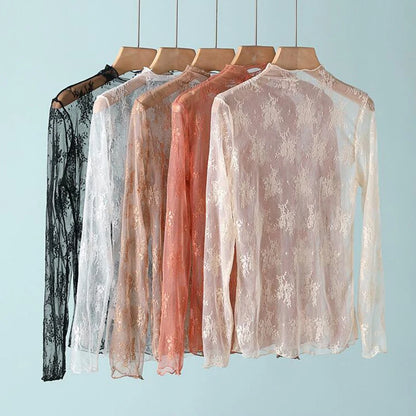 Sexy Women Mesh T-Shirts Transparent Lace Blouse Long Sleeve See Through Tops For Women O Neck Sheer Tees Body Crop Top