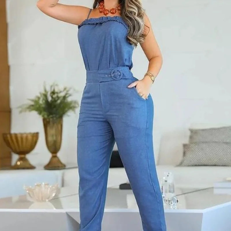 Tow Piceses Outfits for Women Summer Fashion Office Lady New Frill Hem Cami Top & Female Casual Pocket Design Pants Set