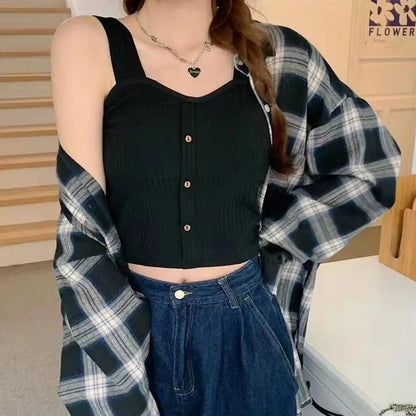 Woman's Top With Built In Bra Button Padded Bra Lady's Top Strap Vest Tank Top Summer Girls Cute Women Casual Female Camisole