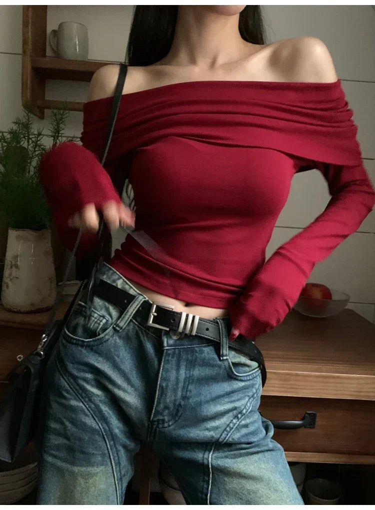 Women Sexy Tops Off Shoulder Long Sleeve Knitted T-shirt Solid Elegant Autumn Winter New Spicy Girl Slim Fit Short Red Crop Top