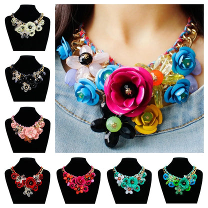 Womens Necklace Colorful Flowers Woven Short Collarbone Chain