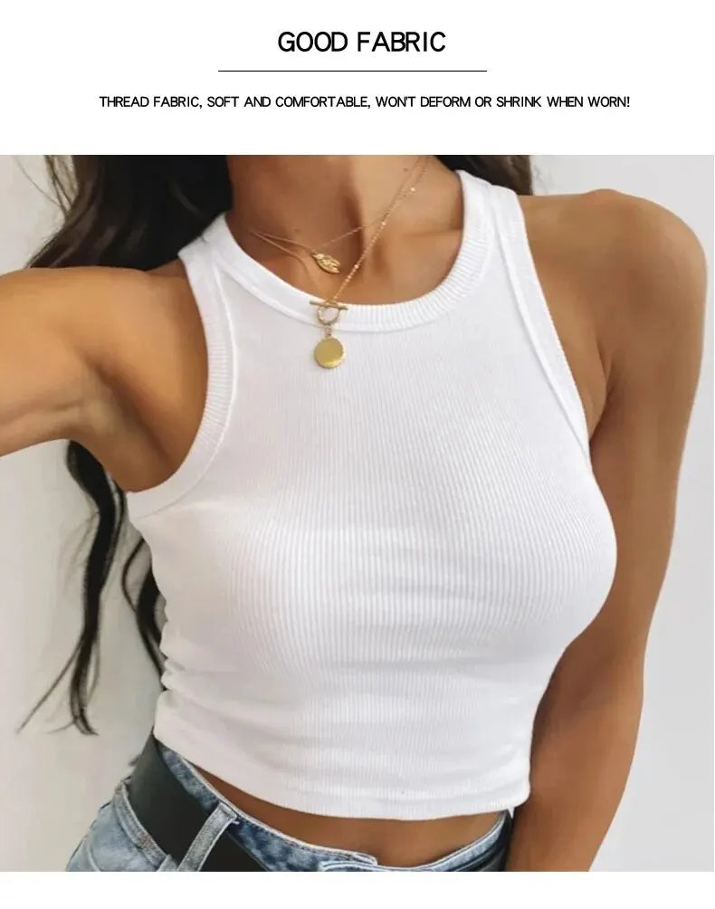 Women's Tank Top Crop Sexy Off Shoulder O Neck Solid Ribbed Knitted Casual Sport Vest Basic Elastic Camisole