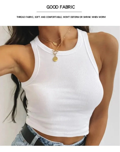 Women's Tank Top Crop Sexy Off Shoulder O Neck Solid Ribbed Knitted Casual Sport Vest Basic Elastic Camisole