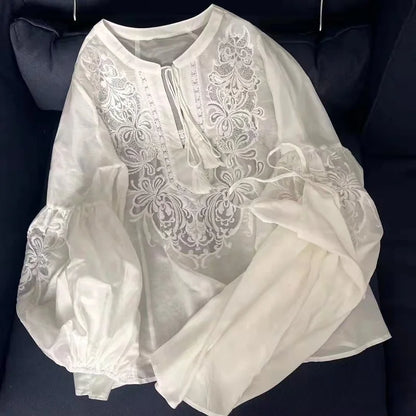 Tops Fashion Designer Blouses 2024 Spring Summer Tops Women Lurex Embroidery Long Sleeve Casual Loose White  Cotton Blouse