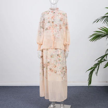 Elegant Floral Printed Long Skirts Set Women Loose Full Sleeve Single Breasted Shirts Pleated Skirt 2025 Summer Lady New Suits