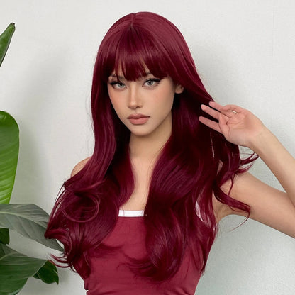 HENRY MARGU Burgundy Long Wavy Wigs Wine Red Wig with Bangs for Women Daily Synthetic Hair Cosplay Wig Heat Resistant Fiber