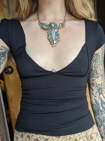 2000s  Tops for Women Fairy Grunge Clothes Sweet Solid Color V Neck Short Sleeve Tanks Aesthetic T Shirt Streetwear