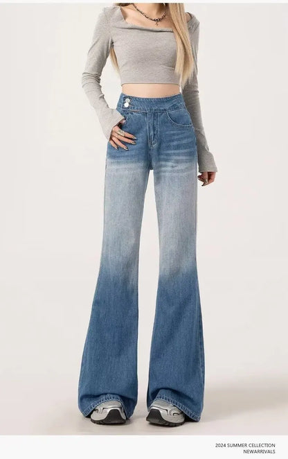 Slimming High-waisted Jeans for Women Spring Summer Pear-shaped Loose-fit Wide leg Jean Pants Bell Bottoms Female Denim Trousers