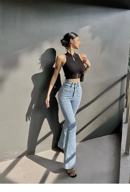 Women Y2K Sexy Tank Tops Chic Tops Halter Off Shoulder Crop Top Camis Elastic Slim Solid Knit Sports Solid Tank Tops 2024 Summer