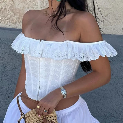 Women Fashion White Jacquard Ruffles Off Shoulder Slim Tank Crop Tops Slash Neck Lace Up Backless Single Breasted Corset Tees