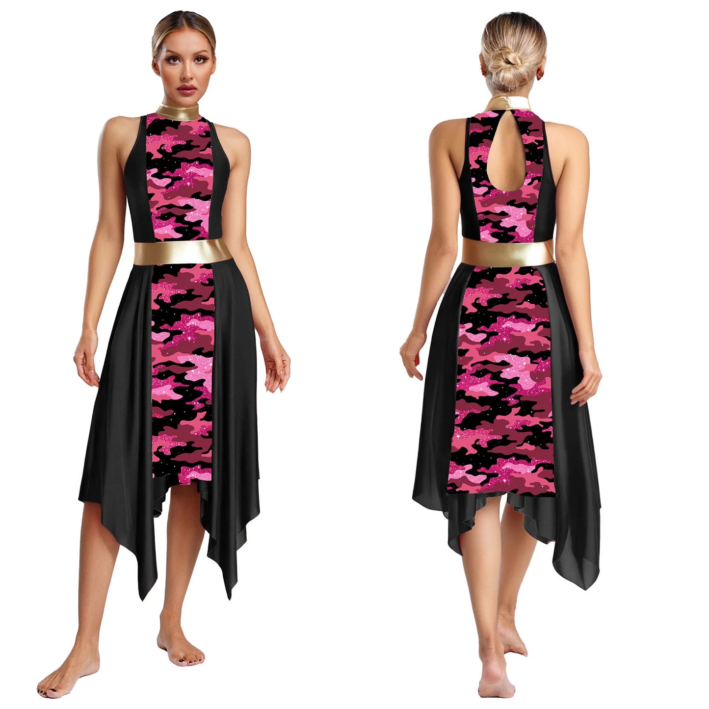 Women Modern Lyrical Dance Dress Church Choir Worship Praise Liturgical Costume Sleeveless Print Irregular Hem Gown Dancewear