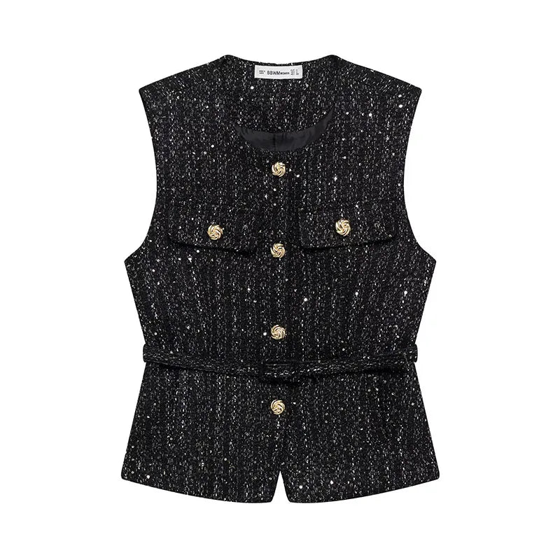 Women's Tweed Waistcoat With Belt, O Neck, Sleeveless, Front Button, Female Outerwear, Chic Tops, Fashion