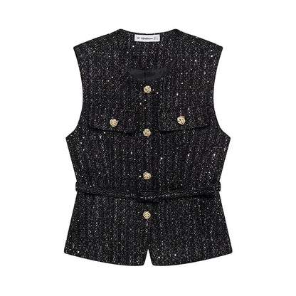 Women's Tweed Waistcoat With Belt, O Neck, Sleeveless, Front Button, Female Outerwear, Chic Tops, Fashion