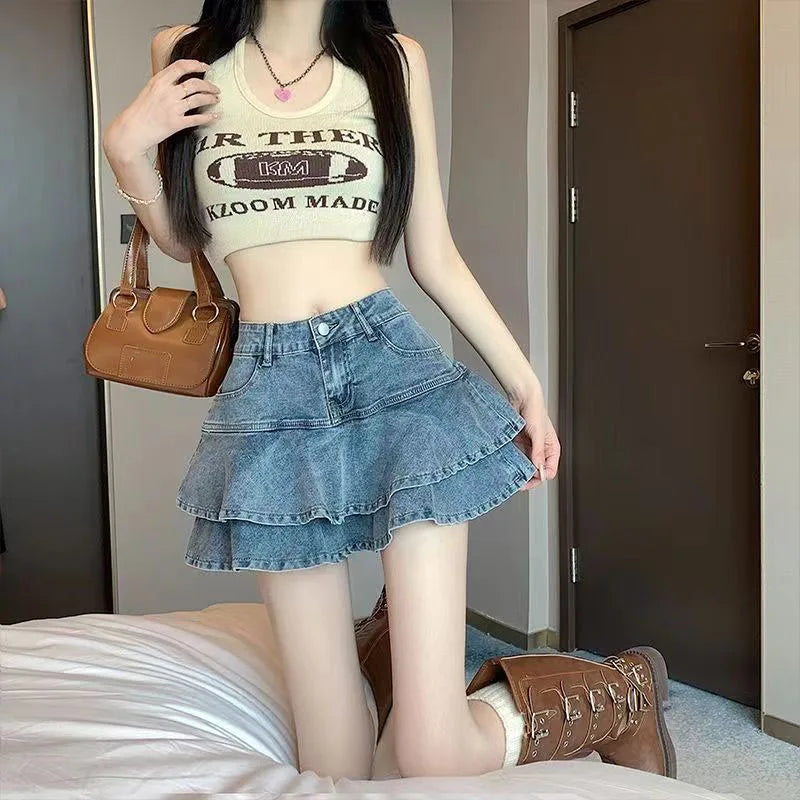 Korean Fashion Women Denim Short Skirts Summer 2025 Streetwear All Match Ruffles Mini Skirt Stretch Jean High Waist Cake Skirt
