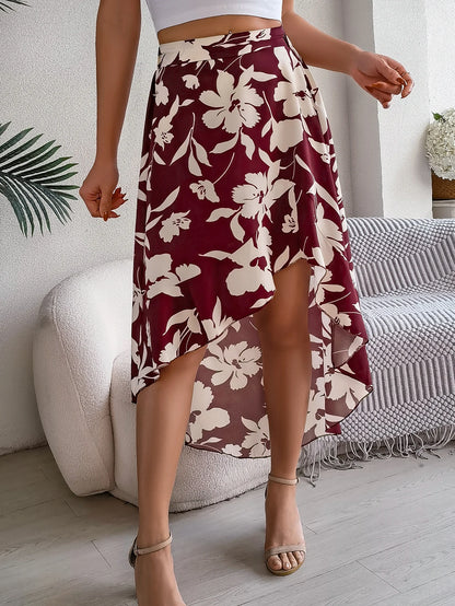 Spring Summer Skirts for Women Casual Floral Print Asymmetric Ruffle Edge Skirt