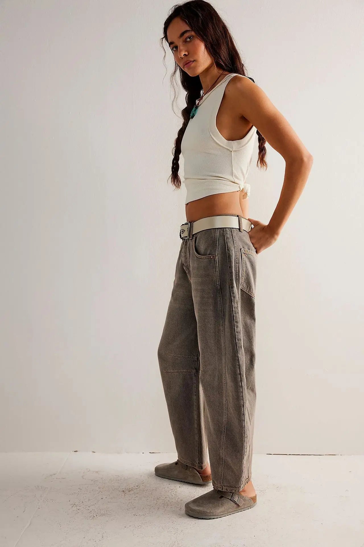 Cotton Denim Long Jeans For Women Trousers Casual  High Waisted Jeans Cropped Pants For Spring Summer Boho Beach Baggy Jeans