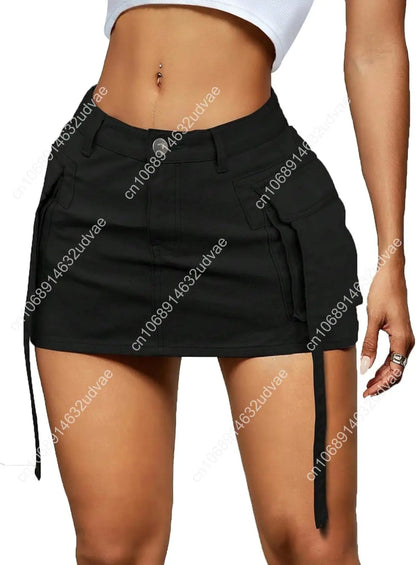 Women Cargo Skirt Denim Mini Low Waist Y2K Jean Skirts with Pockets
