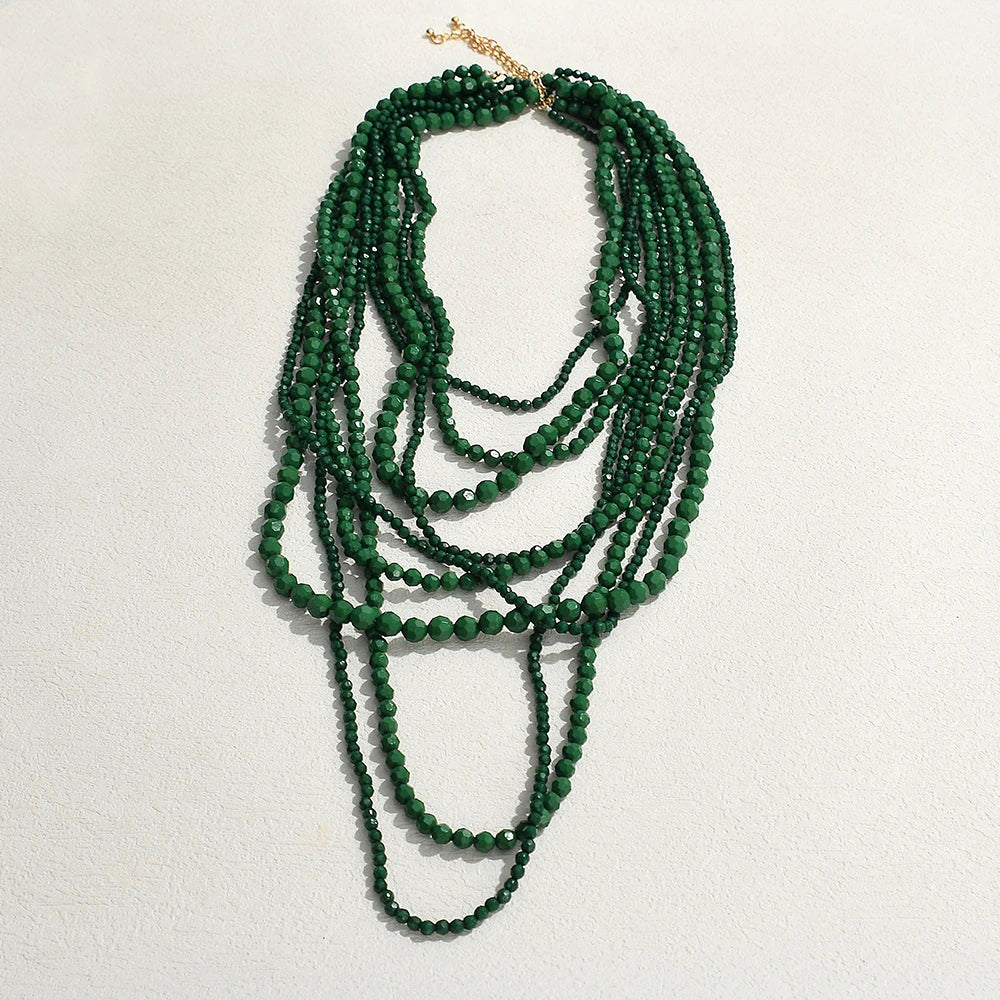 Bohemian Multi Layer Handmade Beaded Necklaces for Women Exaggerated Red Green Waterfall Beads Pendant Necklace Party Jewelry